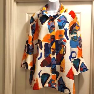 1X NWT Ali Miles Abstract Print 3/4 Bell Sleeve Button Up Jacket Shirt Pockets